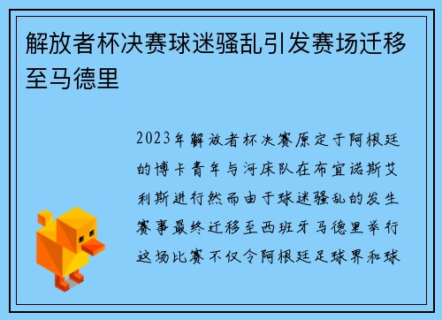 解放者杯决赛球迷骚乱引发赛场迁移至马德里